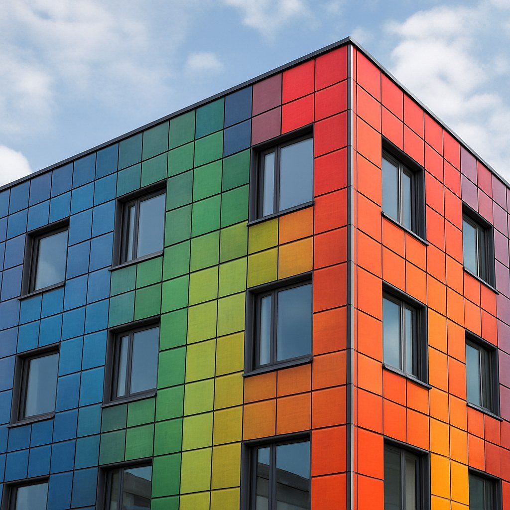Rainbow BIPV façade building — colorful integrated solar panels