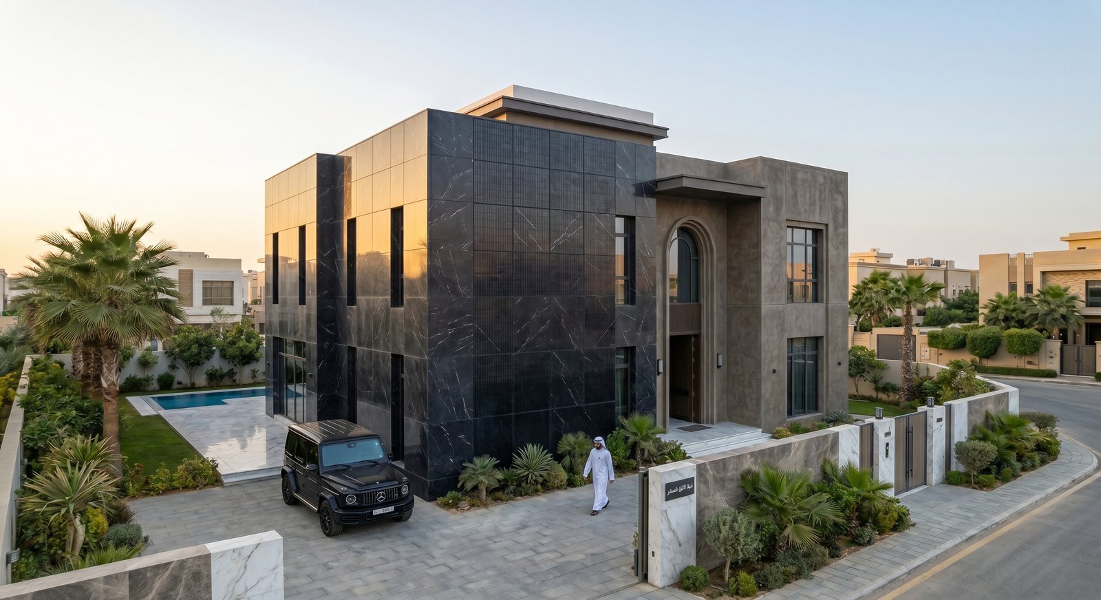 Modern Saudi villa with black marble BIPV façade and palm garden