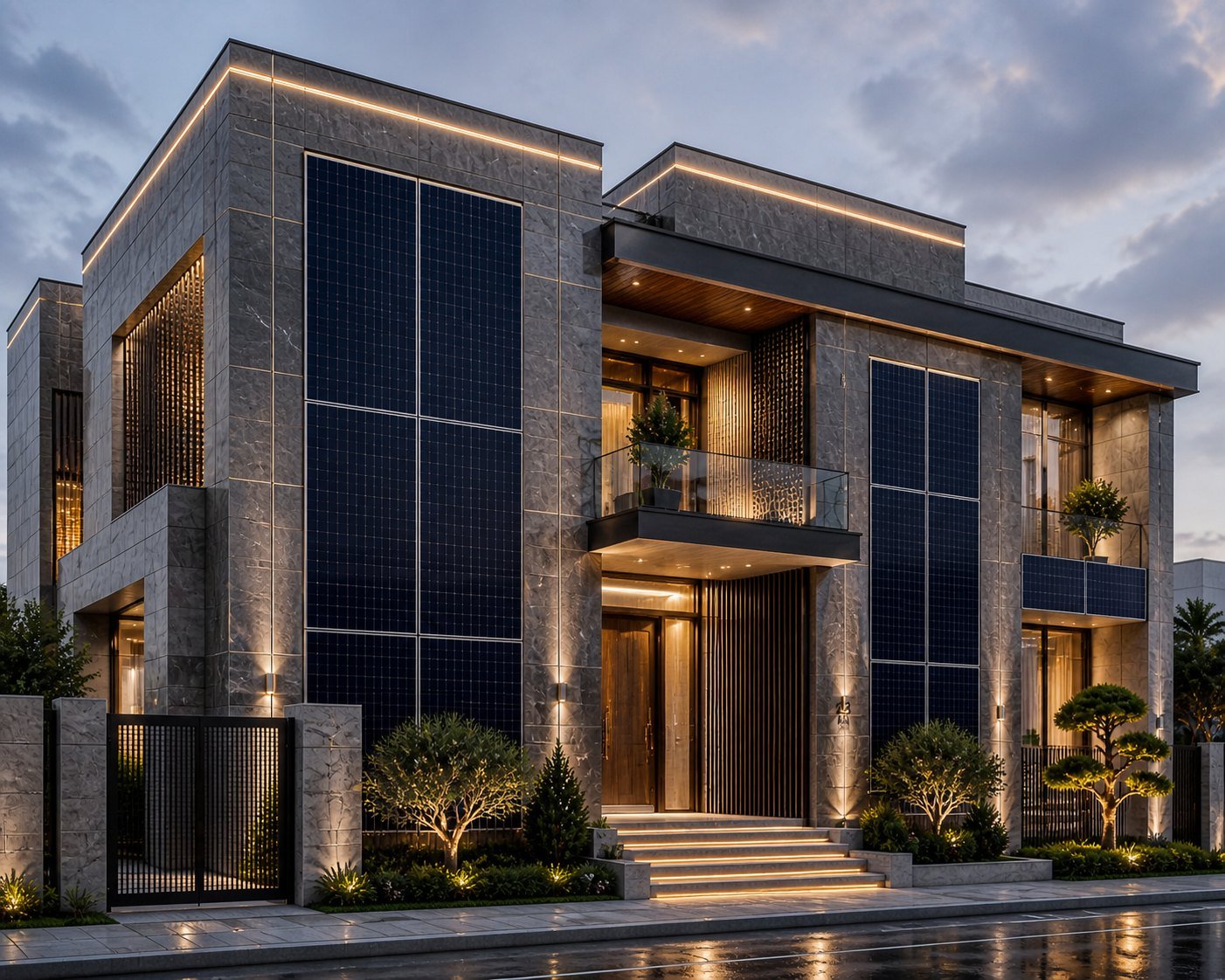Saudi villa with light marble cladding and vertical BIPV panels at twilight
