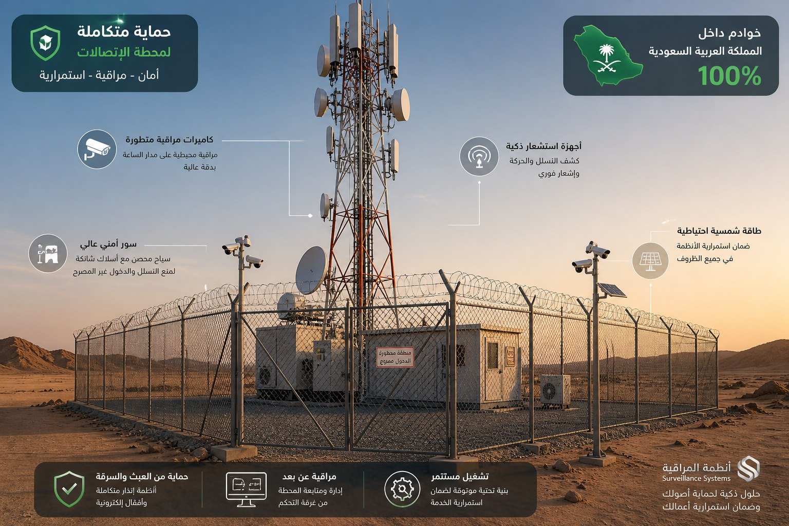 Protected generators, batteries and solar panels behind secured fence